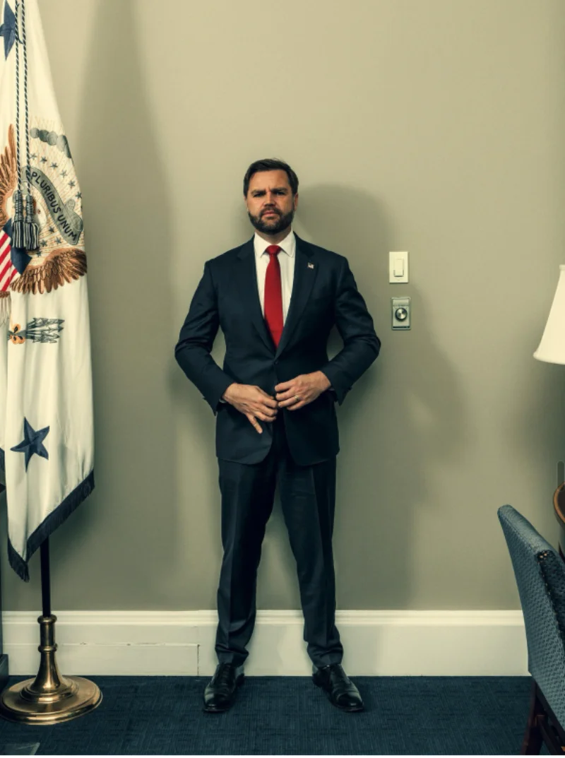 JD Vance photographed by Christopher Anderson for Vanity Fair, with visible light switch behind his head demonstrating the photographer's documentary approach of showing reality unedited