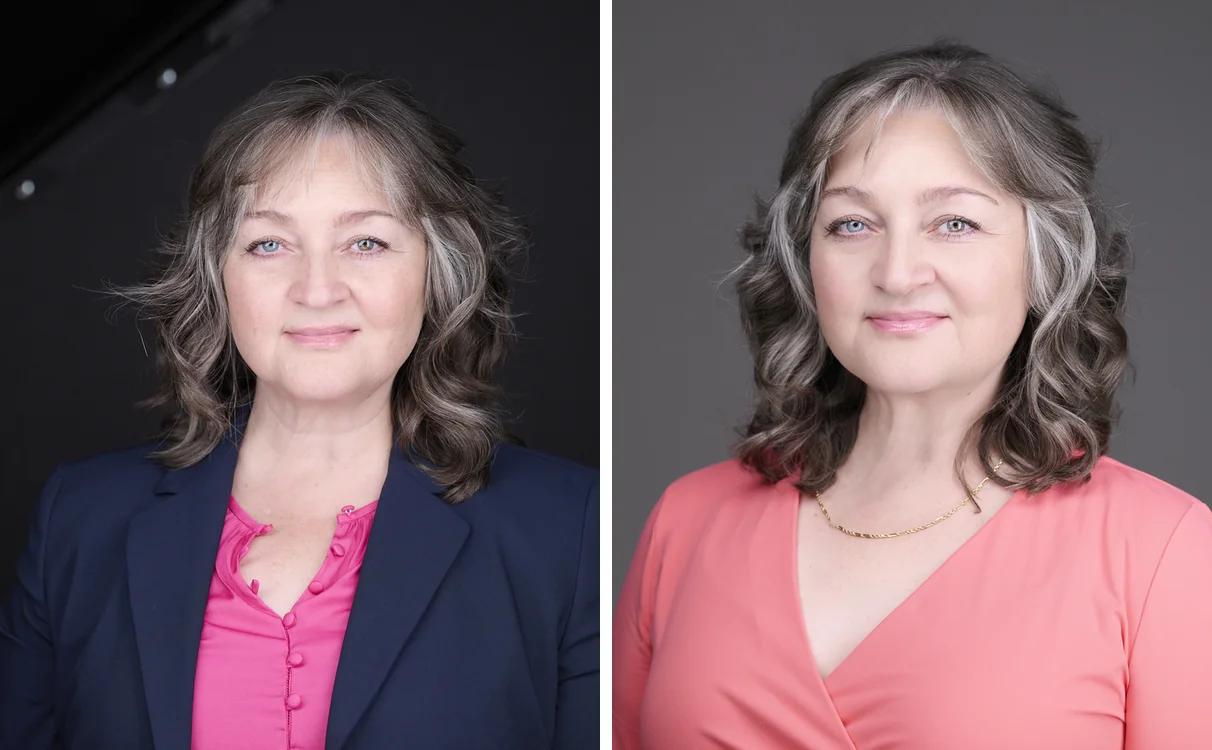 Side by side headshot comparison showing the same client in a saturated magenta top with a navy blazer, then in a softer coral top where her eyes become the focus