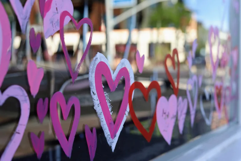 Pink and red hearts hand-painted on the Sugar Bowl's window in downtown Scottsdale
