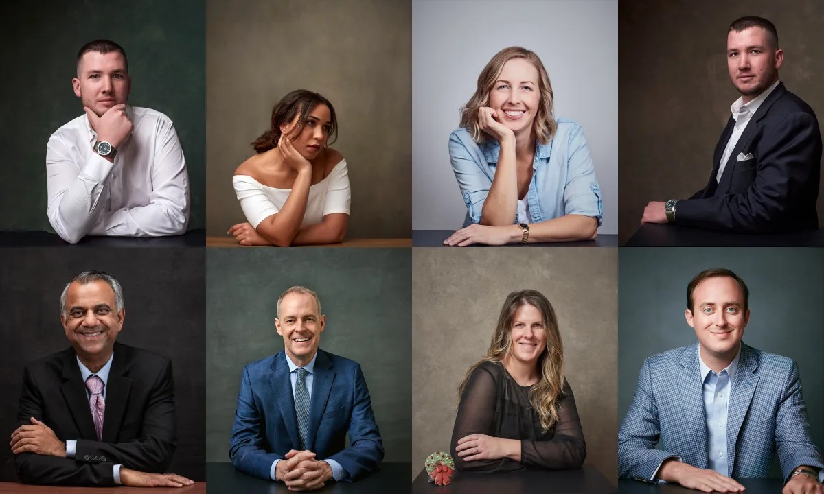 Collage of eight professional headshots showing different expressions from serious to smiling by Phoenix headshot photographer Marie Feutrier