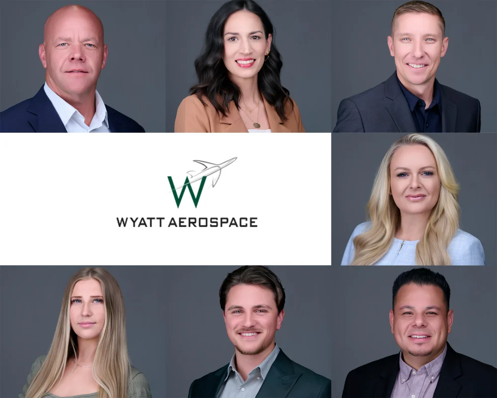 Wyatt Aerospace team headshot collage six professional portraits with consistent gray backdrop and company logo on-location corporate photography Phoenix Arizona