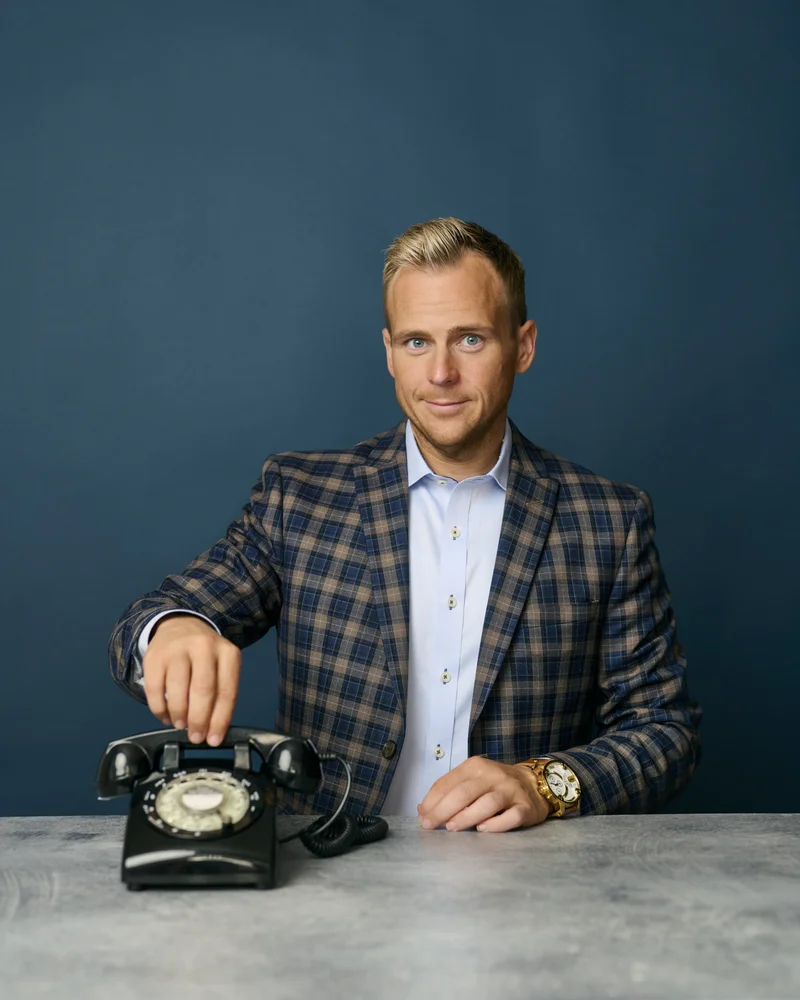 Creative business portrait with vintage phone professional headshots Phoenix Arizona