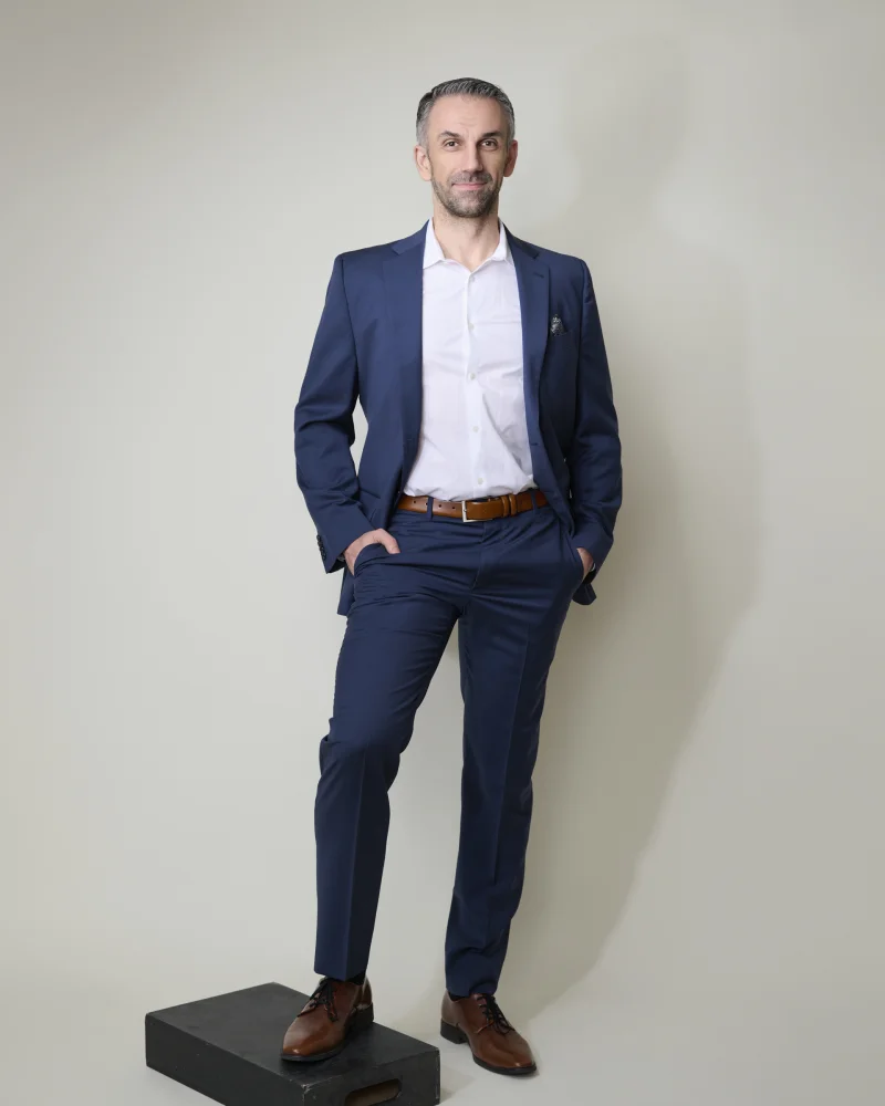 Serban, podcast host polished portrait for cover art and website header by Marie Feutrier