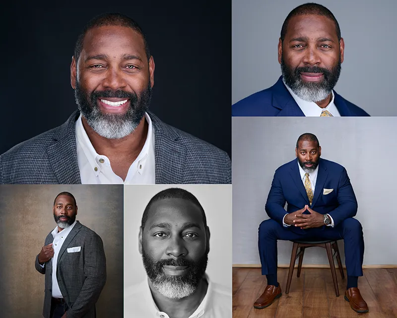 Professional headshot session example 4 outfits 5 backgrounds Phoenix photographer